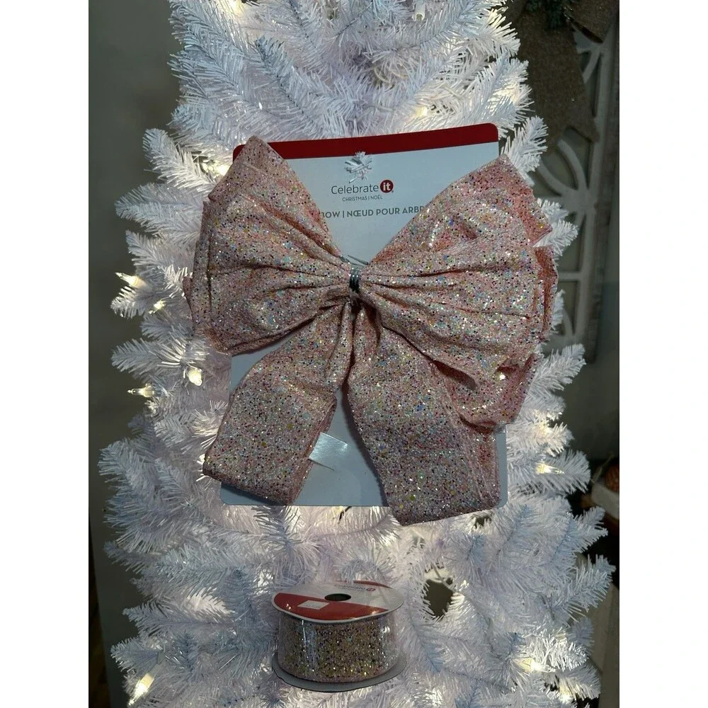Celebrate It Christmas Pink Glitter Bow & Wired Ribbon Set, Christmas Easter